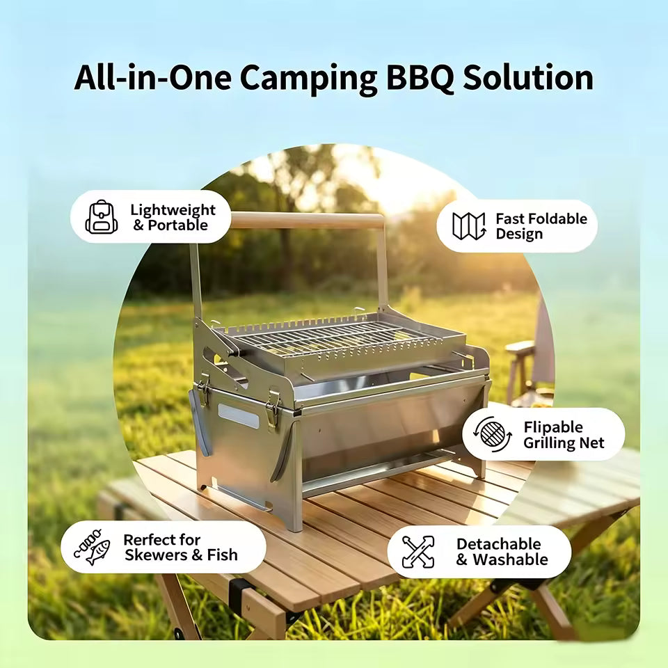 Flip Grill 360° Rotating Barbecue Grill, Manual Push-Pull Auto Flipping Charcoal Grill for Outdoor Camping & Picnics