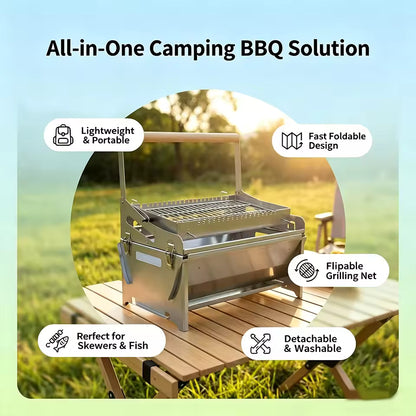 Flip Grill 360° Rotating Barbecue Grill, Manual Push-Pull Auto Flipping Charcoal Grill for Outdoor Camping & Picnics
