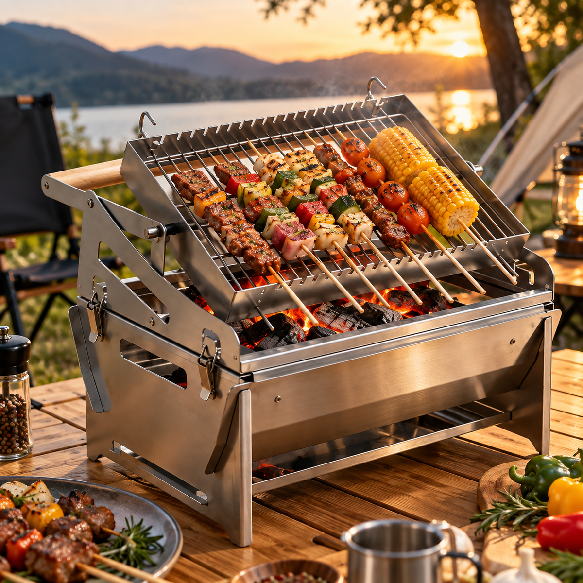 Flip Grill 360° Rotating Barbecue Grill, Manual Push-Pull Auto Flipping Charcoal Grill for Outdoor Camping & Picnics