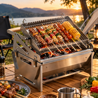 Flip Grill 360° Rotating Barbecue Grill, Manual Push-Pull Auto Flipping Charcoal Grill for Outdoor Camping & Picnics
